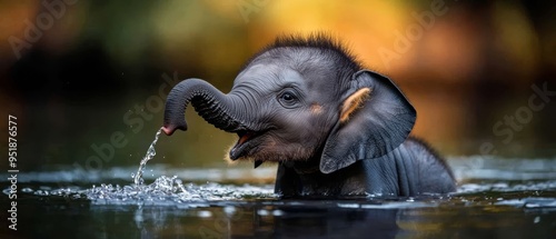  A baby elephant stands in a body of water, trunk raised high, mouth agape