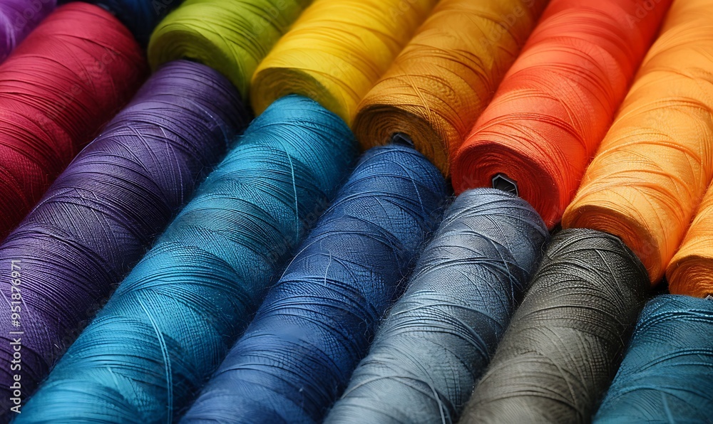 A vibrant set of spools of colorful thread in perfect harmony. Varied shades of colored thread spools A vibrant set of spools of colorful thread in perfect harmony. Varied shades of colored thread spools