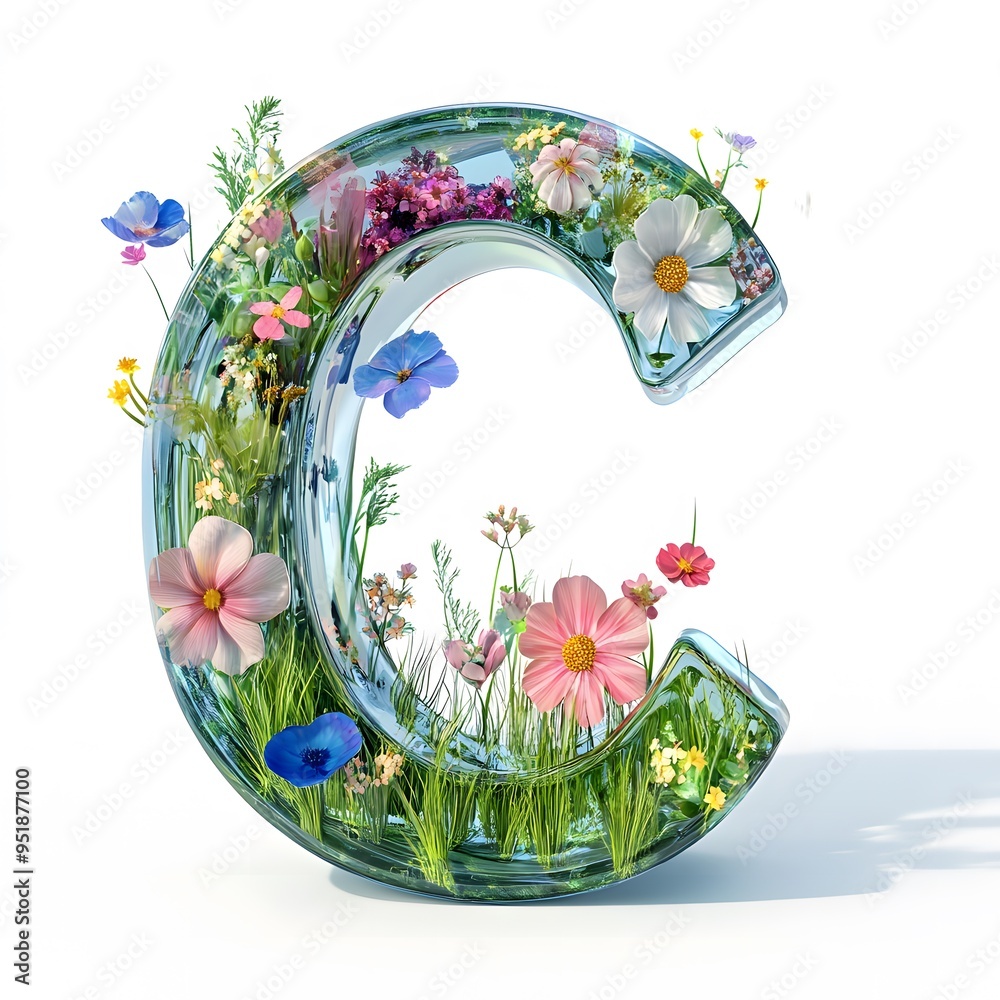 3D Glass Text C with Flowers on White Background 3D Glass Text C with Flowers on White Background