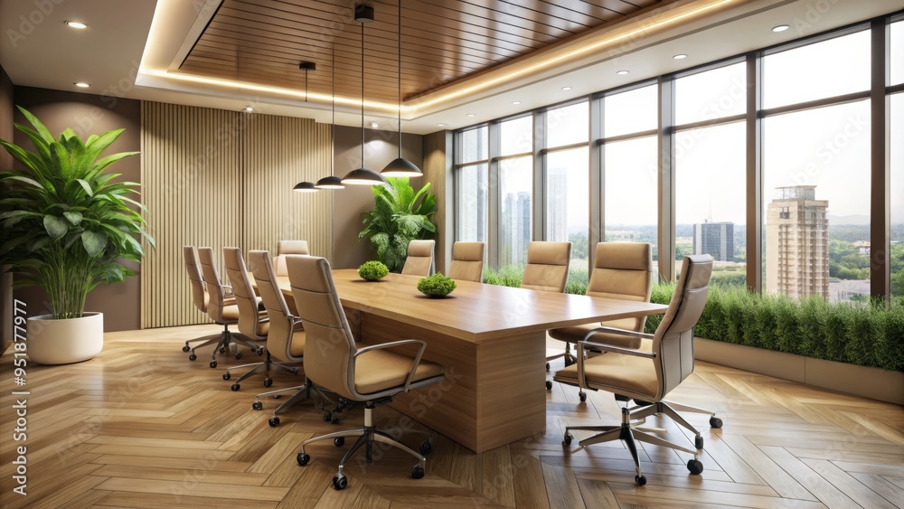 Miminalist Luxury Silence empty modern boardroom with sleek wooden table, ergonomic chairs, floor-to-ceiling windows, subtle ambient lighting, and sparse greenery against muted beige walls Miminalist Luxury Silence empty modern boardroom with sleek wooden table, ergonomic chairs, floor-to-ceiling windows, subtle ambient lighting, and sparse greenery against muted beige walls