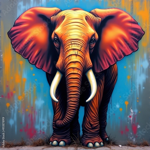 Graffiti street art painting of an elephant with spray paint textures and vibrant colors for an urban vibe photo