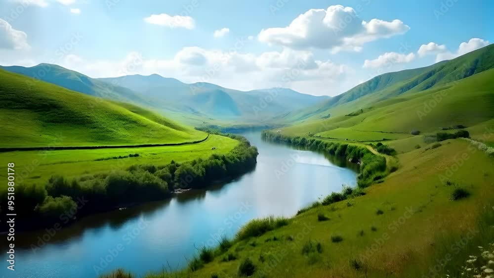 Drone shot of a serene countryside landscape with rolling hills and a river.
Drone shot of a serene countryside landscape with rolling hills and a river.