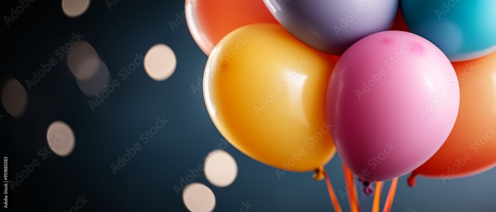 Multicolored balloons float above a white background with dots on the walls Multicolored balloons float above a white background with dots on the walls