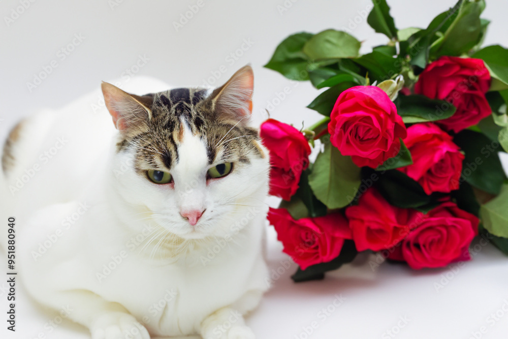 White and white cat on with roses. flower rose pink concept. cat is colored with red and a bouquet of roses. a cat with a bouquet of red and white roses lifestyle on a white. White and white cat on with roses. flower rose pink concept. cat is colored with red and a bouquet of roses. a cat with a bouquet of red and white roses lifestyle on a white.