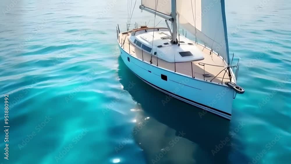 Aerial video of a sailboat gliding through calm waters with a stunning sunset in the background.
