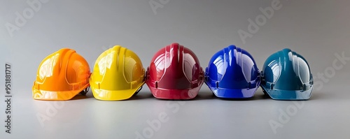 Multicolored Safety Construction Worker Hats. Teamwork of the construction team must have quality. Whether it is engineering, construction workers. Have a helmet to wear work. safety, Generative AI photo