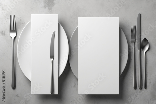 Blank white empty menu mockup with knife and fork on a Concrete background, Free space for your text, AI Generated photo