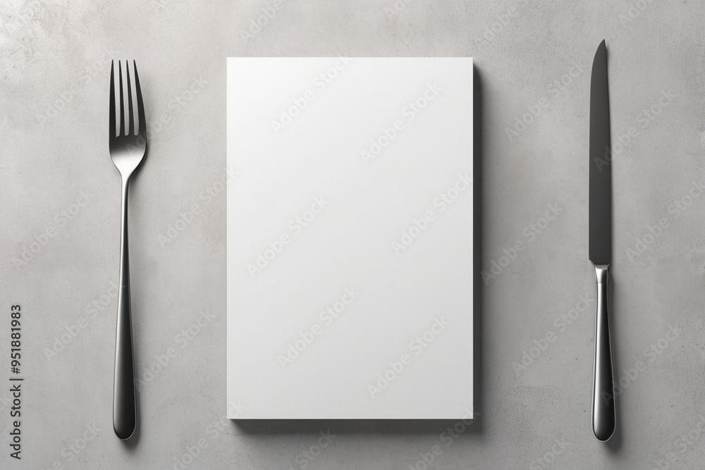 Blank white empty menu mockup with knife and fork on a Concrete background, Free space for your text, AI Generated Blank white empty menu mockup with knife and fork on a Concrete background, Free space for your text, AI Generated
