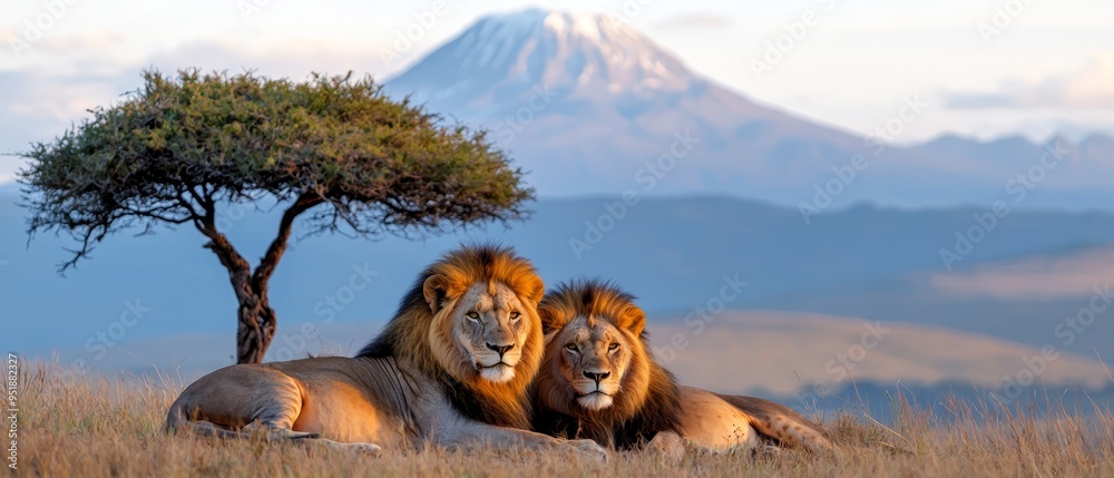A couple of lions recline atop a parched grass field Nearby stands a solitary tree, while a snow-capped mountain looms in the distance A couple of lions recline atop a parched grass field Nearby stands a solitary tree, while a snow-capped mountain looms in the distance