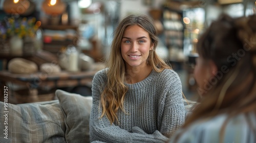 A retail sales associate assisting a customer with a purchase decision in a home decor store, showcasing various furniture pieces