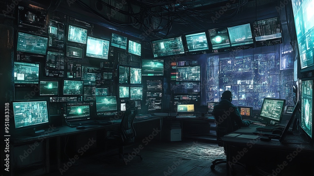 The image depicts a dark, futuristic control room or cyber command center illuminated by numerous blue-green glowing monitors of varying sizes. The room is filled with computer screens displaying comp The image depicts a dark, futuristic control room or cyber command center illuminated by numerous blue-green glowing monitors of varying sizes. The room is filled with computer screens displaying comp