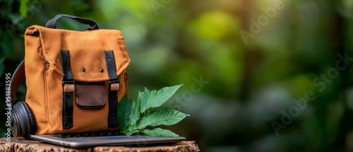  A brown backpack rests atop a tree stump A laptop computer sits on a separate wooden stump nearby