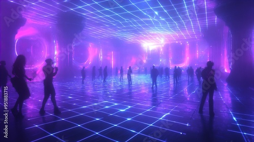 A futuristic and atmospheric scene featuring a large room with a glowing grid-like floor and ceiling illuminated with neon blue and purple lights. The walls and structures inside the room are bathed i