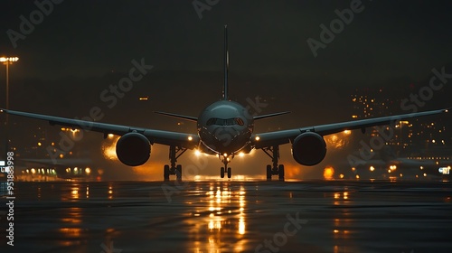 Airplane taxiing on a wet runway at night with lights reflecting in the puddles.