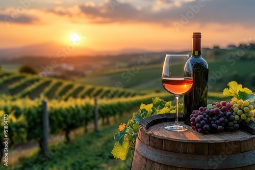 Sunset Vineyard with Wine Bottle and Glass with a blurred background