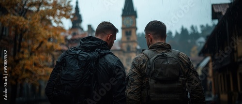  Two men stand before a building with a towering clock tower in the background