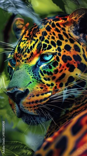 Fototapeta Close up portrait of a leopard in amazon jungle, Vertical wallpaper