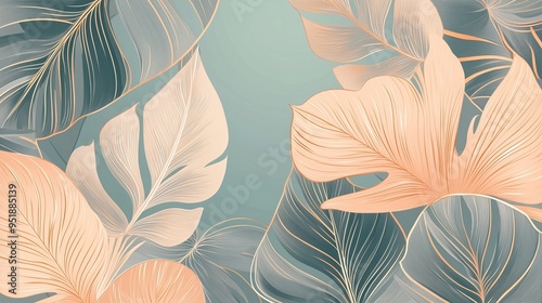 An abstract representation of a tropical paradise, where nature's artistry is reimagined in a palette of soft pastels and shimmering gold. The overall effect is both calming and invigorating.