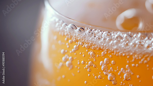 Close-up of a Bellini with bubbles rising, showcasing the drink's peachy color