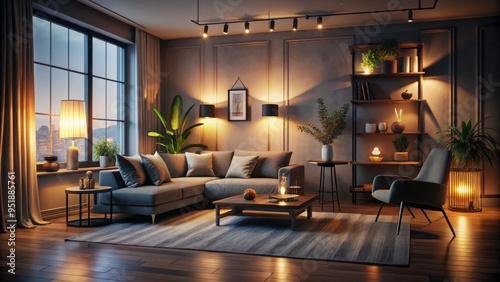 moody atmospheric livingroom nocturne minimalist monochrome aesthetic dimly lit cozy furniture lowkey warm glowing ambient intimate interior sanctuary calming soothing peaceful interior design podcast photo