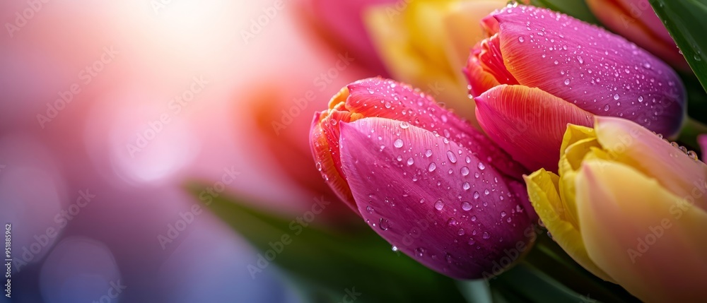 A scene of numerous pink and yellow tulips, adorned with water droplets, against a pink and yellow indistinct backdrop A scene of numerous pink and yellow tulips, adorned with water droplets, against a pink and yellow indistinct backdrop