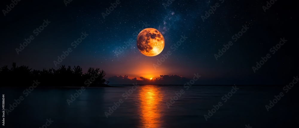Full moon rises over tranquil water, framed by trees Star-studded sky behind Full moon rises over tranquil water, framed by trees Star-studded sky behind