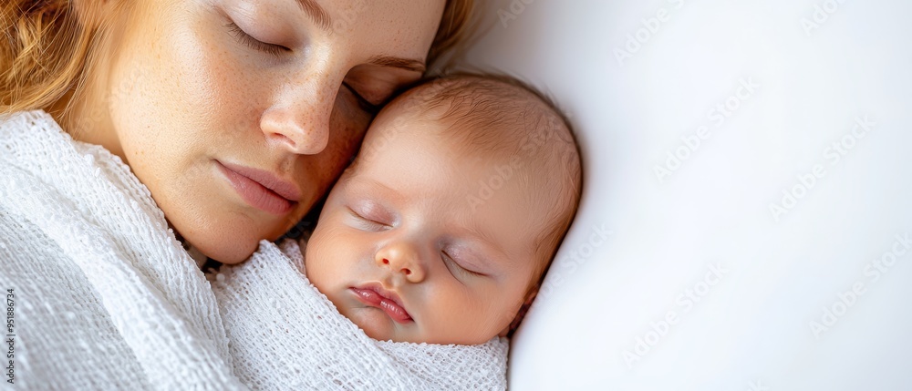 A woman dozes off, cradling her baby's shoulder with her head, ensconced in a pristine white blanket A woman dozes off, cradling her baby's shoulder with her head, ensconced in a pristine white blanket