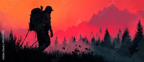  A man with a backpack traverses a forest against a backdrop of a red and orange sunset