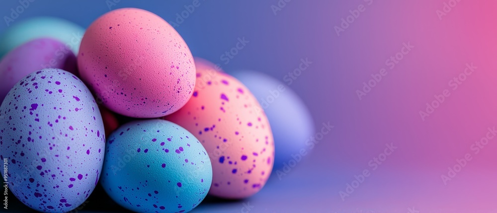 A stack of painted eggs atop a purple and pink backdrop; pink and blue background concealed A stack of painted eggs atop a purple and pink backdrop; pink and blue background concealed