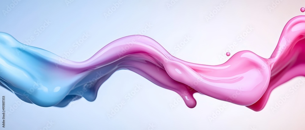 A pink-blue liquid marbles on a light blue backdrop, with a droplet extruding from its top A pink-blue liquid marbles on a light blue backdrop, with a droplet extruding from its top