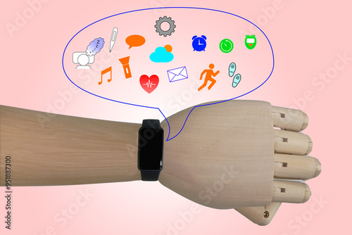 スマートウォッチをつけた人形の手とその機能を表したアイコン