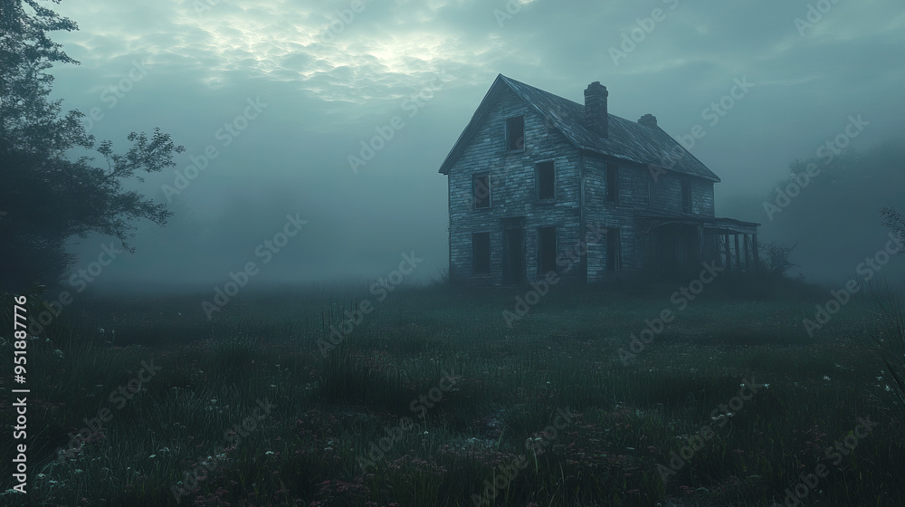 Abandoned farmhouse in spooky meadow at dusk Abandoned farmhouse in spooky meadow at dusk