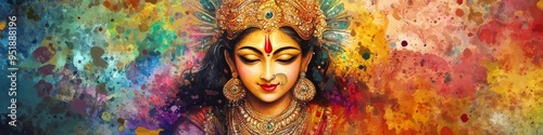 Beautiful Hindu Goddess Durga Mata,Ethereal Durga Mata: Vibrant Watercolor Abstract for Modern Hindu Art. Elegant Red and Blue Textures Perfect for T-Shirts, Posters, and UI Design. Minimalist Cultura