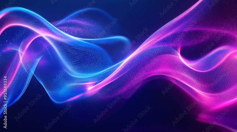 Abstract neon light waves creating a dynamic and fluid backdrop with a deep blue and purple color scheme
