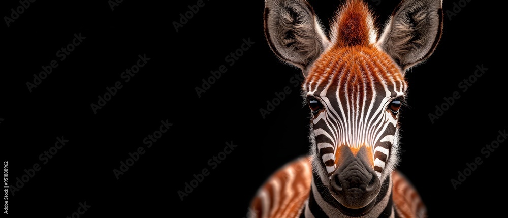 A giraffe's face up close with a zebra-striped body A giraffe's face up close with a zebra-striped body