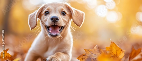  A tight shot of a dog in a sea of leaves, tongue extended and mouth agape