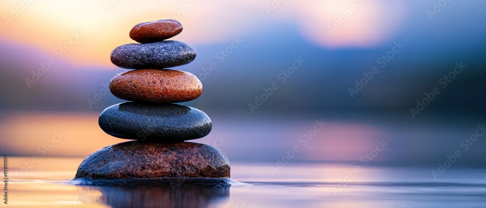 A stack of rocks rising above a tranquil body of water, background softly blurred A stack of rocks rising above a tranquil body of water, background softly blurred