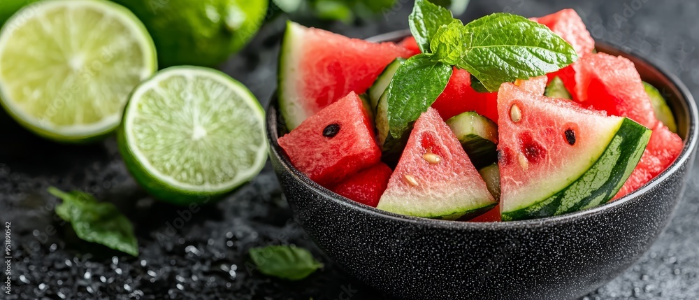 A bowl of watermelon, lime, and mint on a black countertop - garnished with fresh mint A bowl of watermelon, lime, and mint on a black countertop - garnished with fresh mint