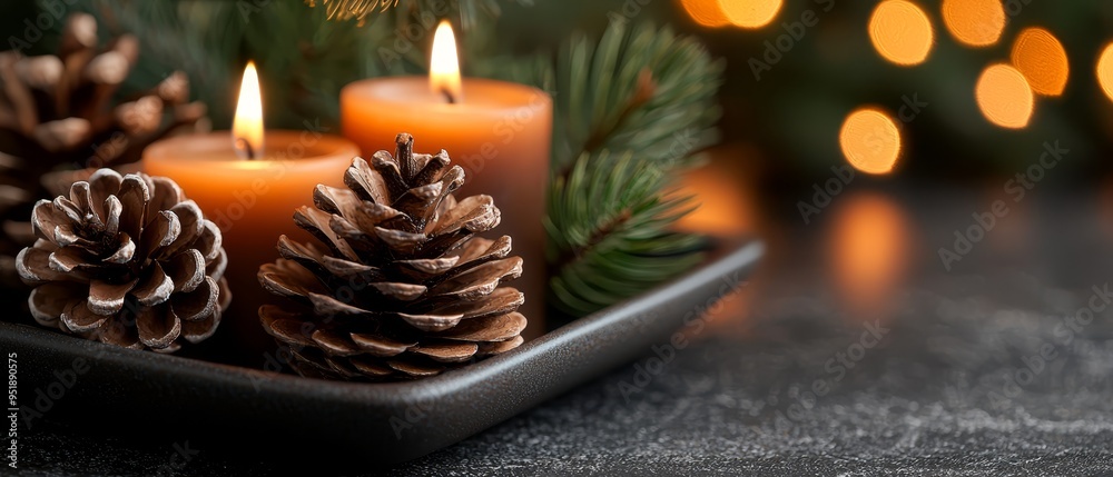 A few pine cones atop a tray, alongside others on a table A few pine cones atop a tray, alongside others on a table
