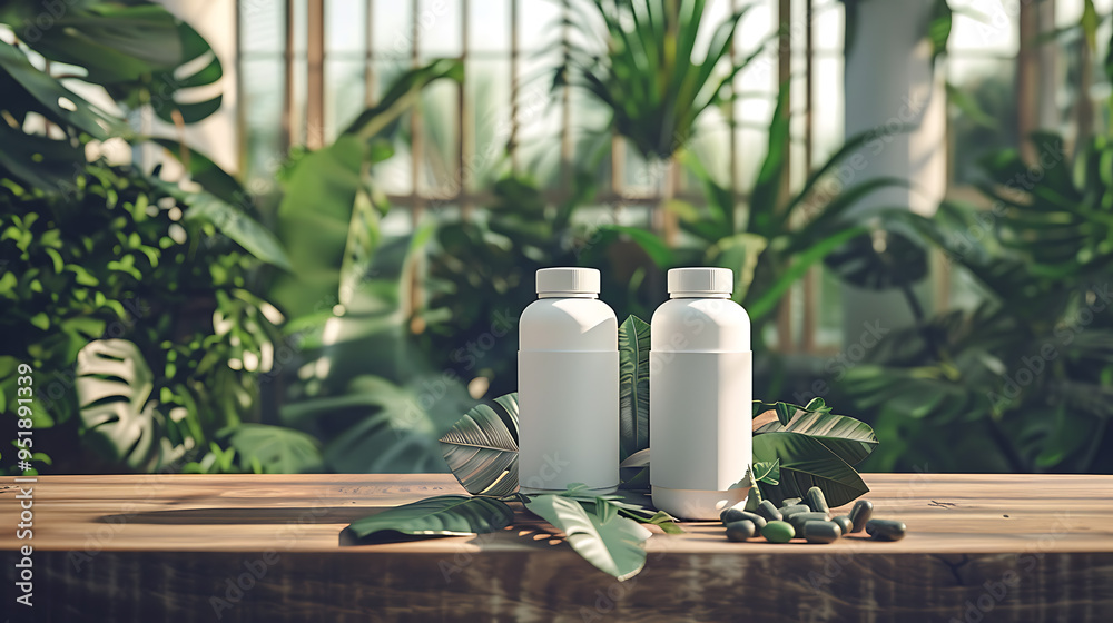 Two white bottles with blank labels sit on a wooden table surrounded by lush greenery. This image is perfect for showcasing your brand's natural and eco-friendly products. Two white bottles with blank labels sit on a wooden table surrounded by lush greenery. This image is perfect for showcasing your brand's natural and eco-friendly products.