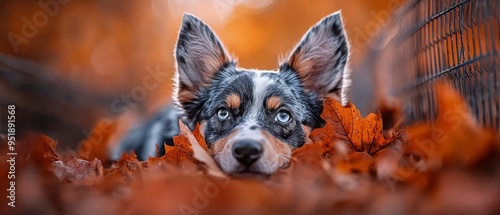  A tight shot of a dog resting atop a mound of leaves, with a cage subtlety hidden in the background photo