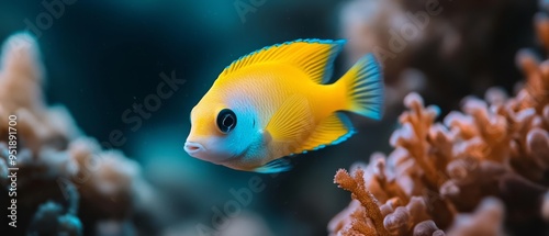  A tight shot of a vibrant yellow-and-blue fish near corals against a backdrop of more corals and water