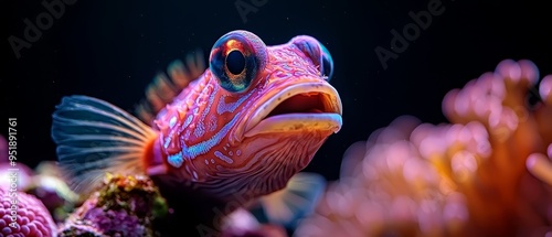  A fish with open mouth and wide-open eyes, tightly focused against a dark backdrop