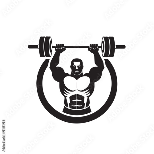 Fitness gym club emblem Vector illustration of a muscular man lifting a barbell logo design image.