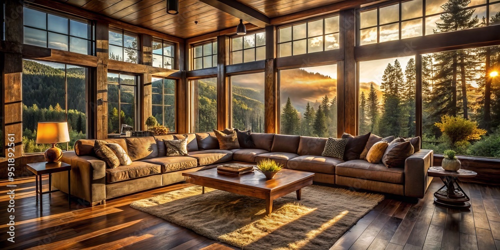 Moody rustic Ashland retreat morning golden light pours through vast windows onto plush sectional sofa surrounded by natural textures rich wood tones and earthy colors. Moody rustic Ashland retreat morning golden light pours through vast windows onto plush sectional sofa surrounded by natural textures rich wood tones and earthy colors.