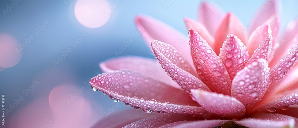  Close-up of a pink flower with water droplets on its petals and a blue sky backdrop