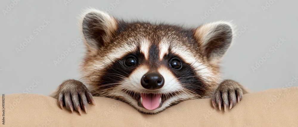  A tight shot of a raccoon on a couch, its tongue extending past the cushion's edge