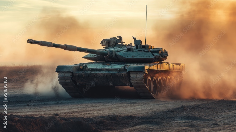 Military Tank Driving Through Dusty Terrain Military Tank Driving Through Dusty Terrain