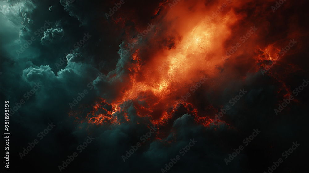 Fiery red and dark clouds clash in a dramatic, turbulent sky. Fiery red and dark clouds clash in a dramatic, turbulent sky.