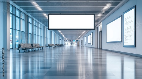 Empty Airport Corridor with Blank Advertisement Screens.